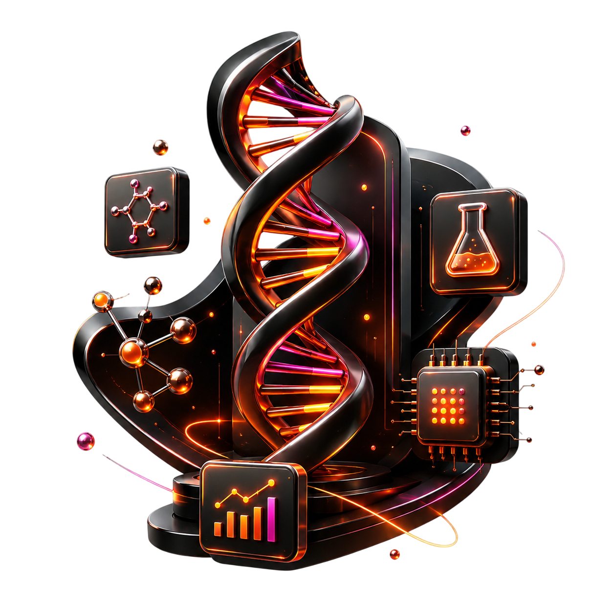 BritonOne Technology biotech platform mark, a 3D DNA double-helix with floating molecule, lab-flask, chip, and data-chart panels, in glowing amber on a transparent backdrop
