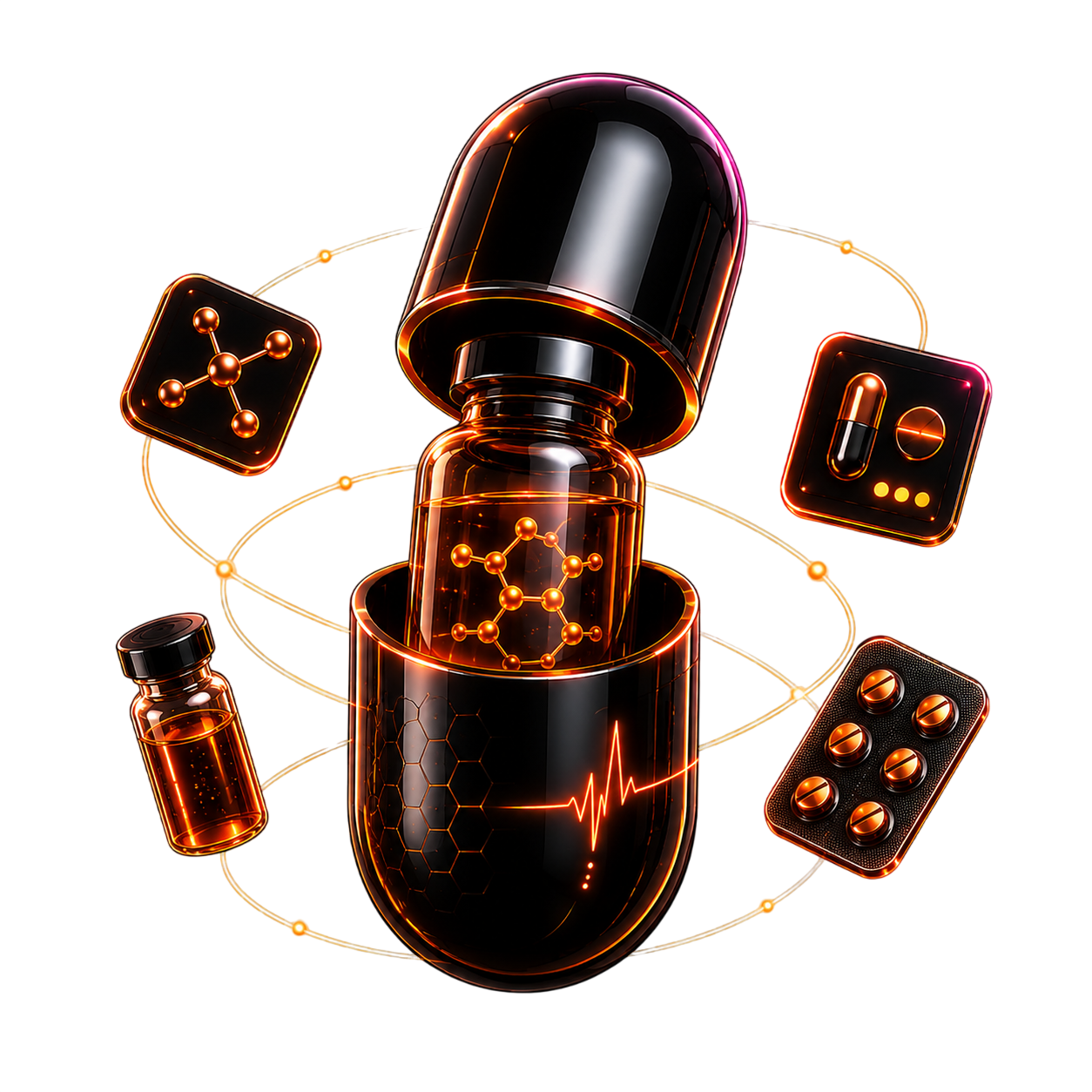 Pharma: glossy capsule and molecular-data motif representing clinical, regulatory, and discovery engineering